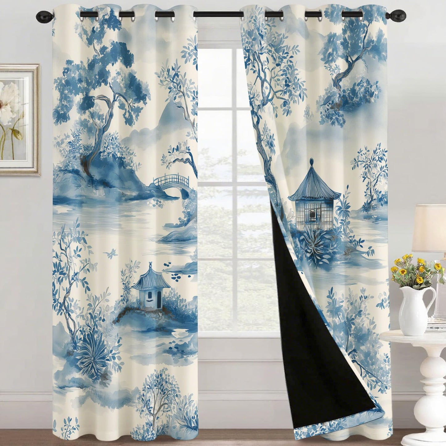 Chinese Asian Curtains for Bedroom Kitchen, 39 Inch 2 Panels, Chinoiserie Landscape Printed Pattern, 95% Blackout Window Drapes for Living Room, Chinese Home Decor, Grommet Top GR41