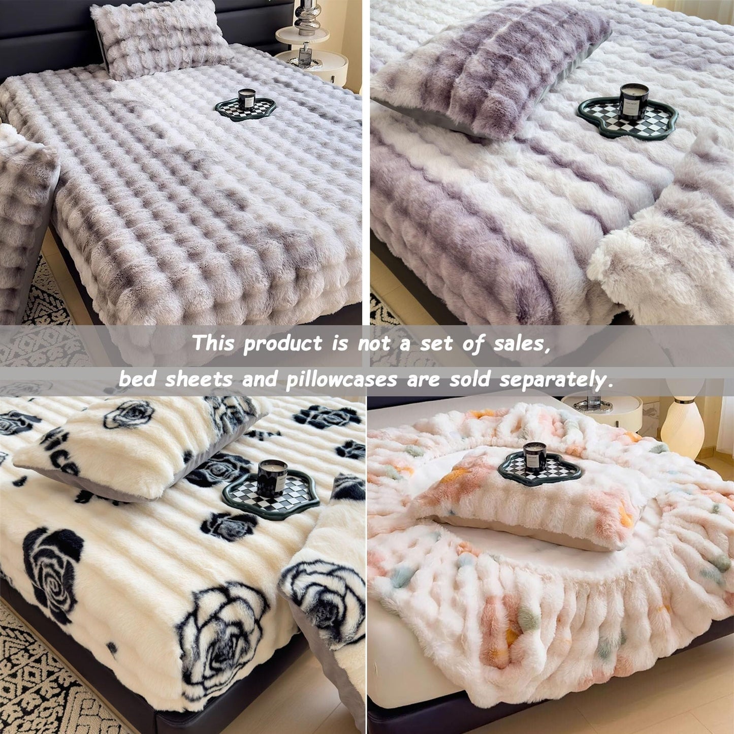 Elastic Bed Sheets, Milk Velvet Fitted Sheet, Winter Warm Mattress Cover, Faux Rabbit Fur Fitted Sheets, Fluffy Mattress Protector Bedspread, Machine Washable and Non-Fade(A,2 Pillowcases)