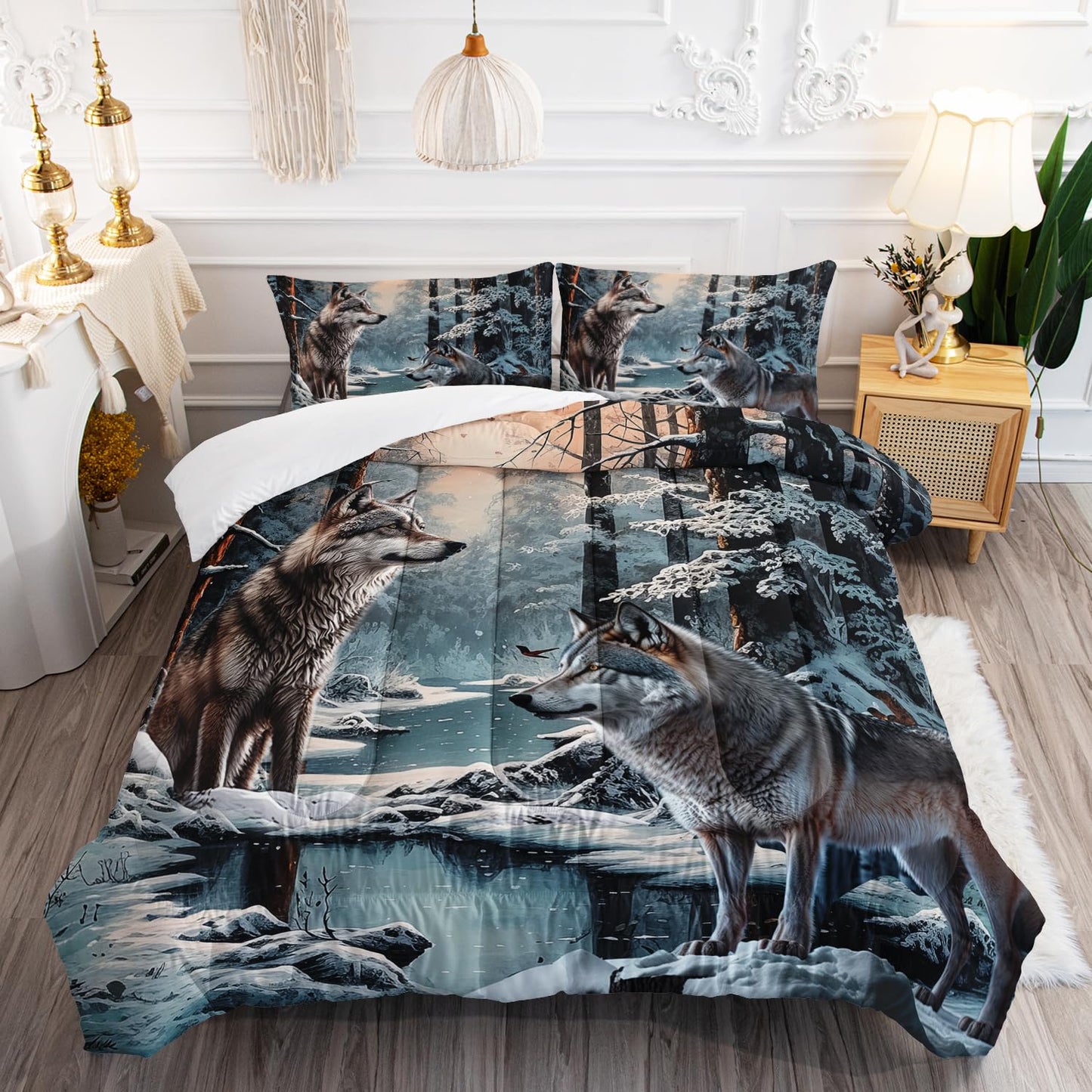 AILONEN Snow Wolf Comforter Set Queen Size, Brown Wolf Bedding Set,Snowfield Forest Animals Printed Comforter Sets,Teen Boys Breathable Duvet Set 3 Pieces, 1 Quilt and 2 Pillowcases