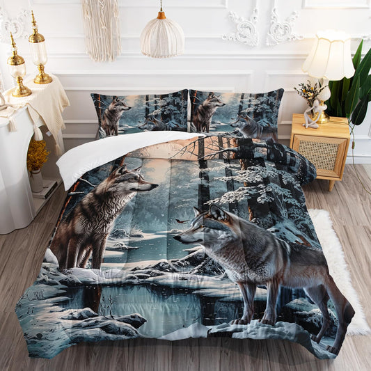 AILONEN Snow Wolf Comforter Set Queen Size, Brown Wolf Bedding Set,Snowfield Forest Animals Printed Comforter Sets,Teen Boys Breathable Duvet Set 3 Pieces, 1 Quilt and 2 Pillowcases