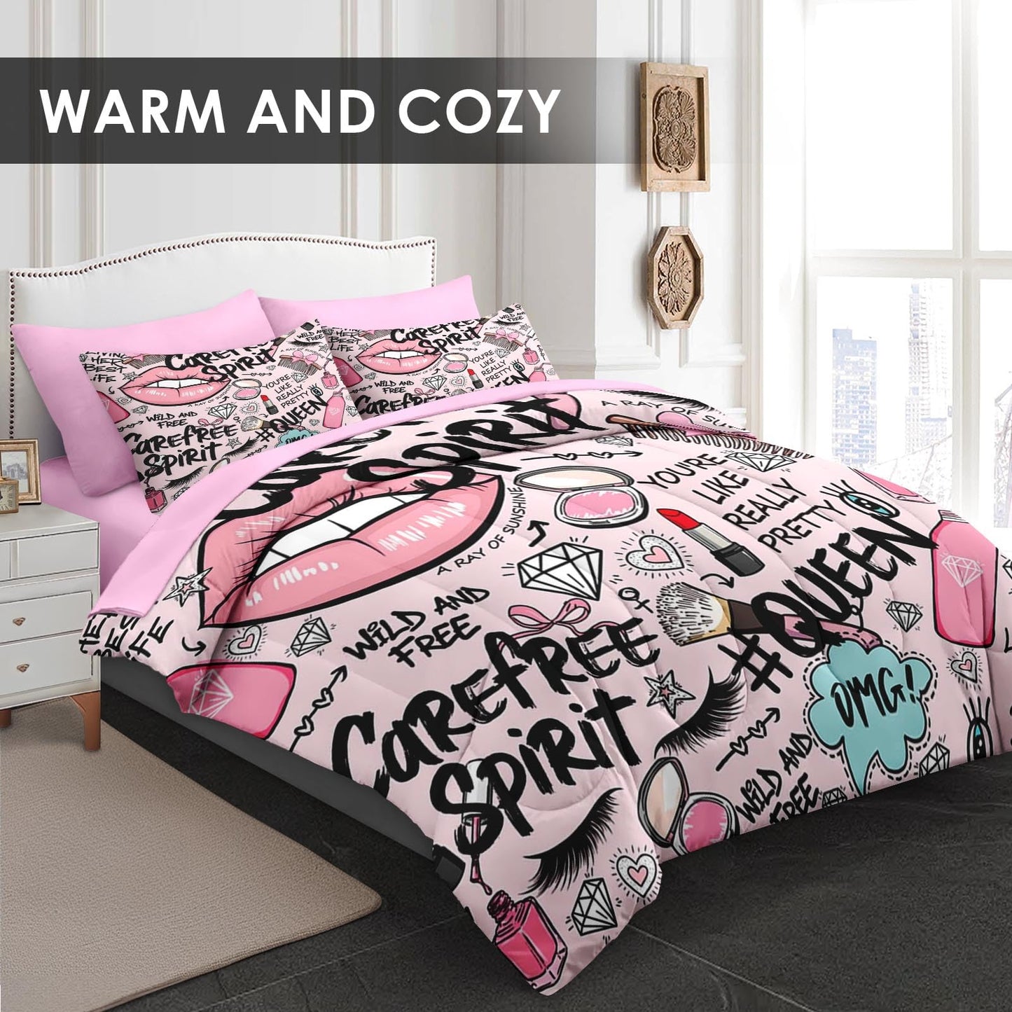 Pamnest Comforter Set Queen Size, Makeup Pink Queen 7 Pcs Bedding for Kids and Adults, Women Diamond Cute Bed Sheet Sets with Fitted Sheet 2 Pillowcases & 2 Shams for Bedroom Bed Decor