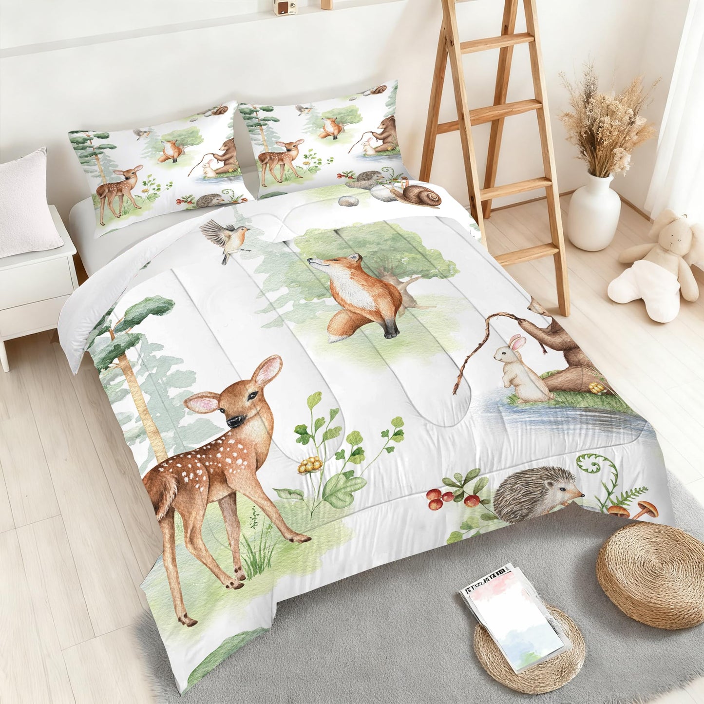 VTKON Wildlife Animals Comforter Set Twin for Kids Woodland Fox Deer and Bear Print Bedding Set Soft Cartoon Animal Print Bed Set White Green Forest Quilt Set with 1 Comforter + 1 Pillowcase