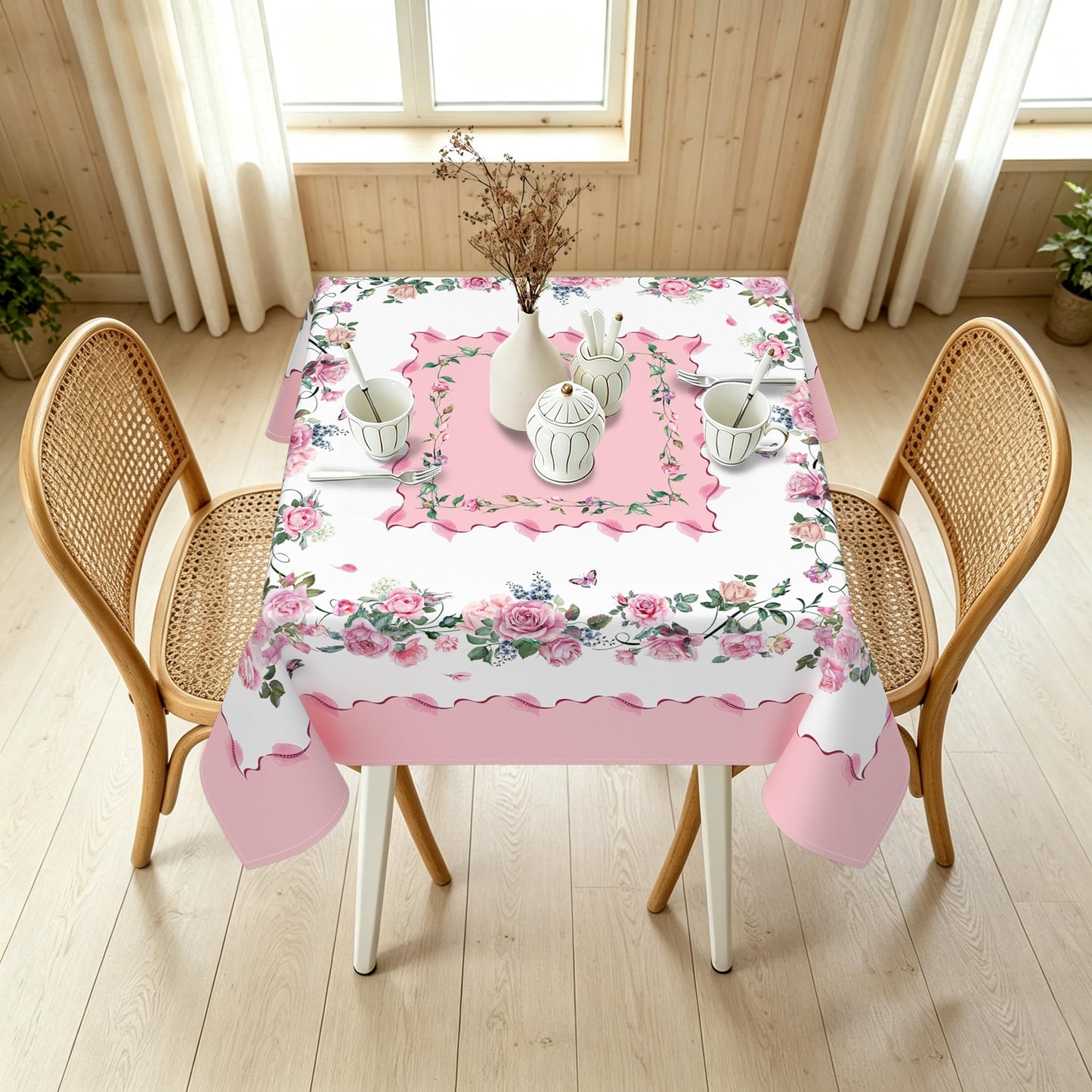 Yighty Pink Square Tablecloth 70x70 Inch, Rose Flower Printed Tablecloth, Spring Summer Waterproof Floral Tablecloth, Suitable for Indoor and Outdoor, Holiday Kitchen Restaurant and Party