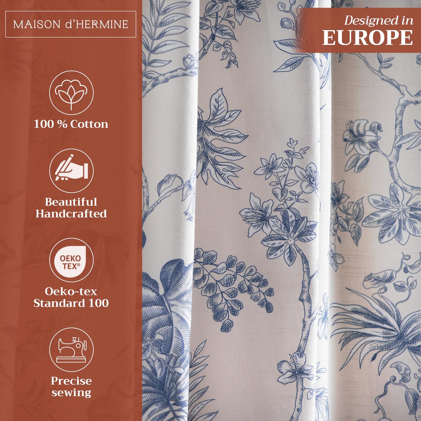 Maison d' Hermine Curtains for Living Room 100% Cotton 96 inch Length One Panel Light Filtering Toile Curtains for Bedroom Windows with Rod and Loop Pockets Drapes (Jouy Paradise Blue, 50" W x 96" L)