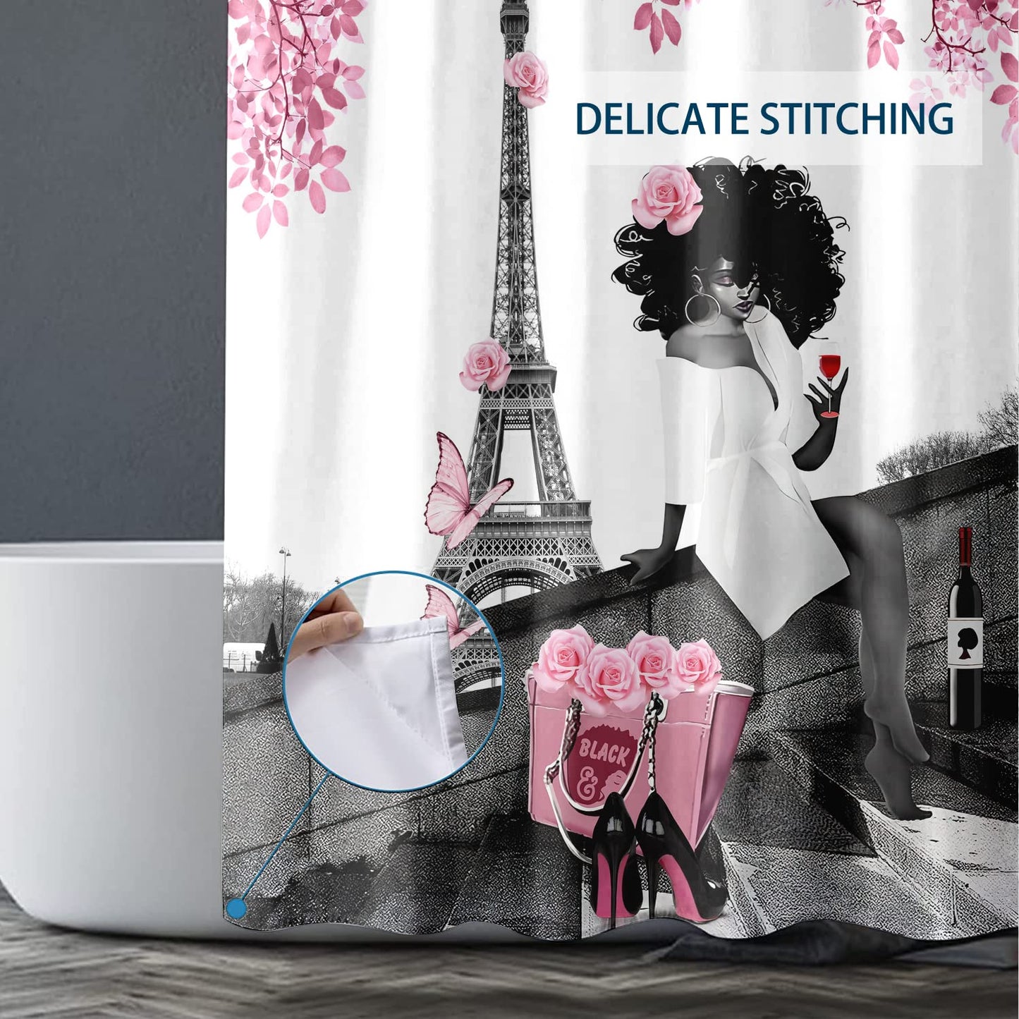 TYAKASHA Shower Curtain African American Woman Afro Lady withn Pink Rose Fashion Black Girl Eiffel Tower 72x72 Inches Waterproof Fabric Polyester with 12 Hooks for Bathroom Decor