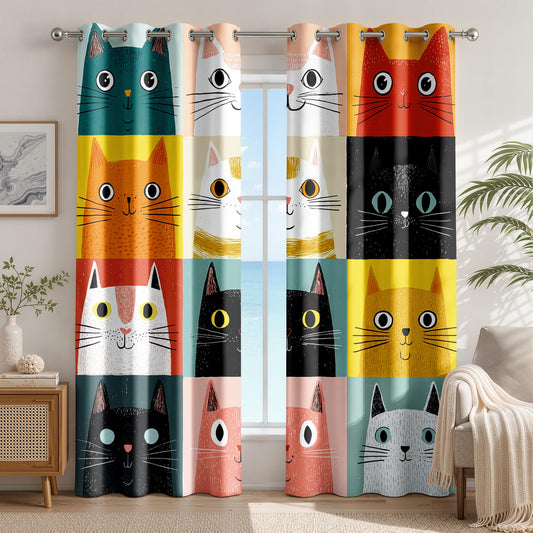 Cartoon Cat Curtains 45 Inch Length 2 Panels Set, Kids Cute Colorful Patchwork Cat Nursery Patterned Blackout Curtains for Kitchen, Thermal Insulated Room Darkening Grommet Drapes