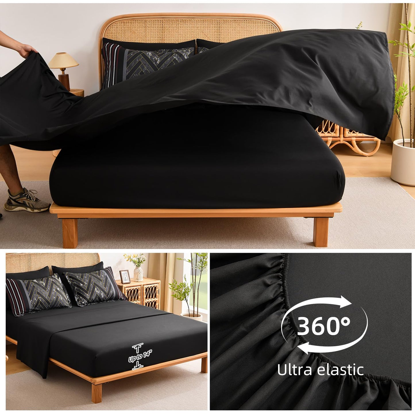 Luxudecor Black and Red Comforter Set Queen Size, 7 Pieces Stripe Geometric Bed in a Bag, Marble Comforter and Sheet Set, Soft Microfiber Complete Bedding Sets for All Seasons