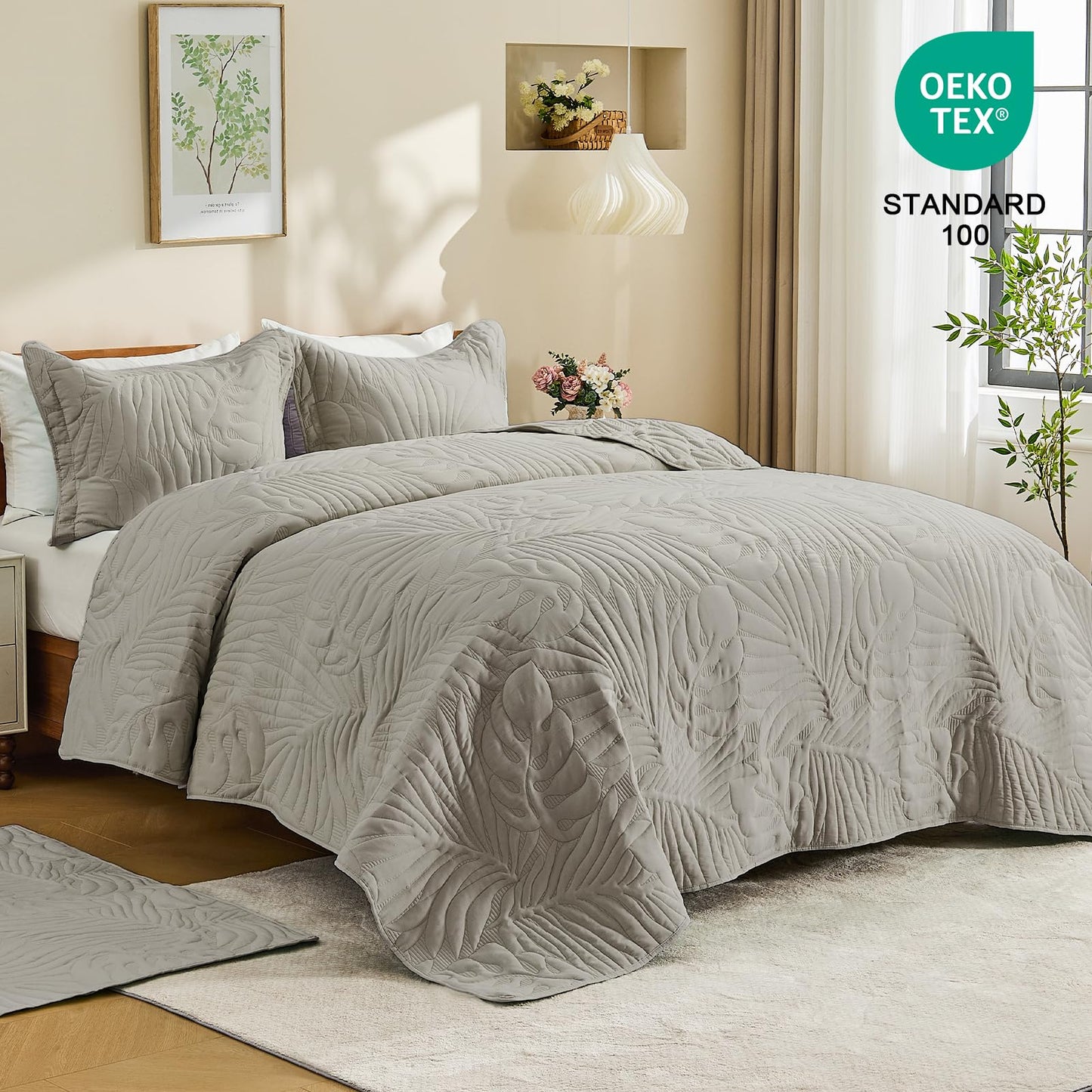 DaisyHuang Quilt Set King Size -Leaves Pattern Stitching Quilt Set - Elegant & Fresh Style Bedding Coverlets, Ultrasonic Quilting, Reversible, Lightweight, 4 Piece, Taupe