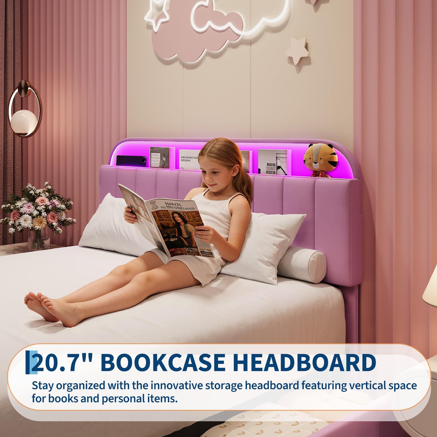 Garvee Full Size Bed Frame with 2 Flexible Drawers, Upholstered Platform Bed Frame with Bookcase Headboard and LED Lights, Kids Bed for Girls, Easy Assembly, Noise Free, Purple