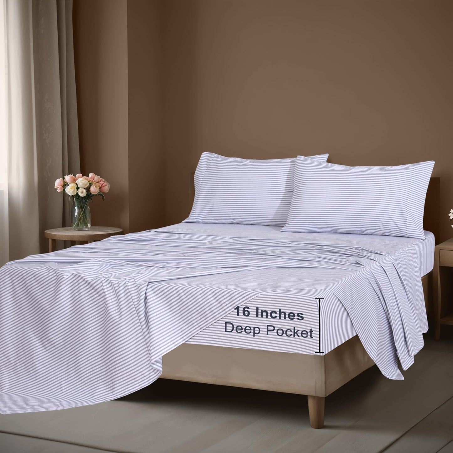 ZOYER 100% Cotton Sheets – Full Size Percale Bedding, Cooling & Breathable, Durable with a Crisp, Soft & Comfortable Feel, 16" Deep Pocket, 4-Piece Set, Grey Stripe
