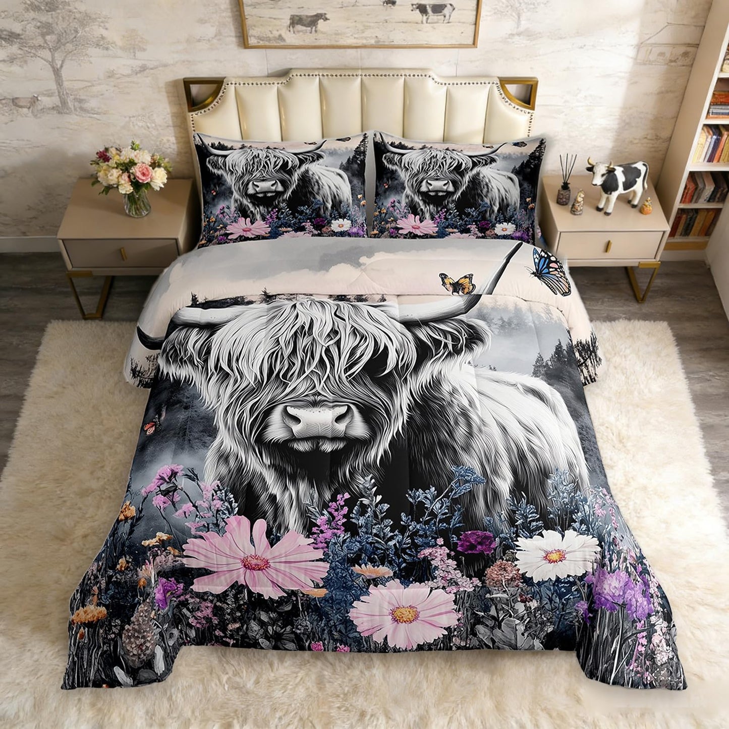 Erosebridal Highland Cow Flower Comforter Set Full Size Bull Cattle Bedding Set Western Funny Animal Duvet Stuffing Wildlife Farmhouse Cow Bed Quilt Mountain with Firforest Bedroom Decor