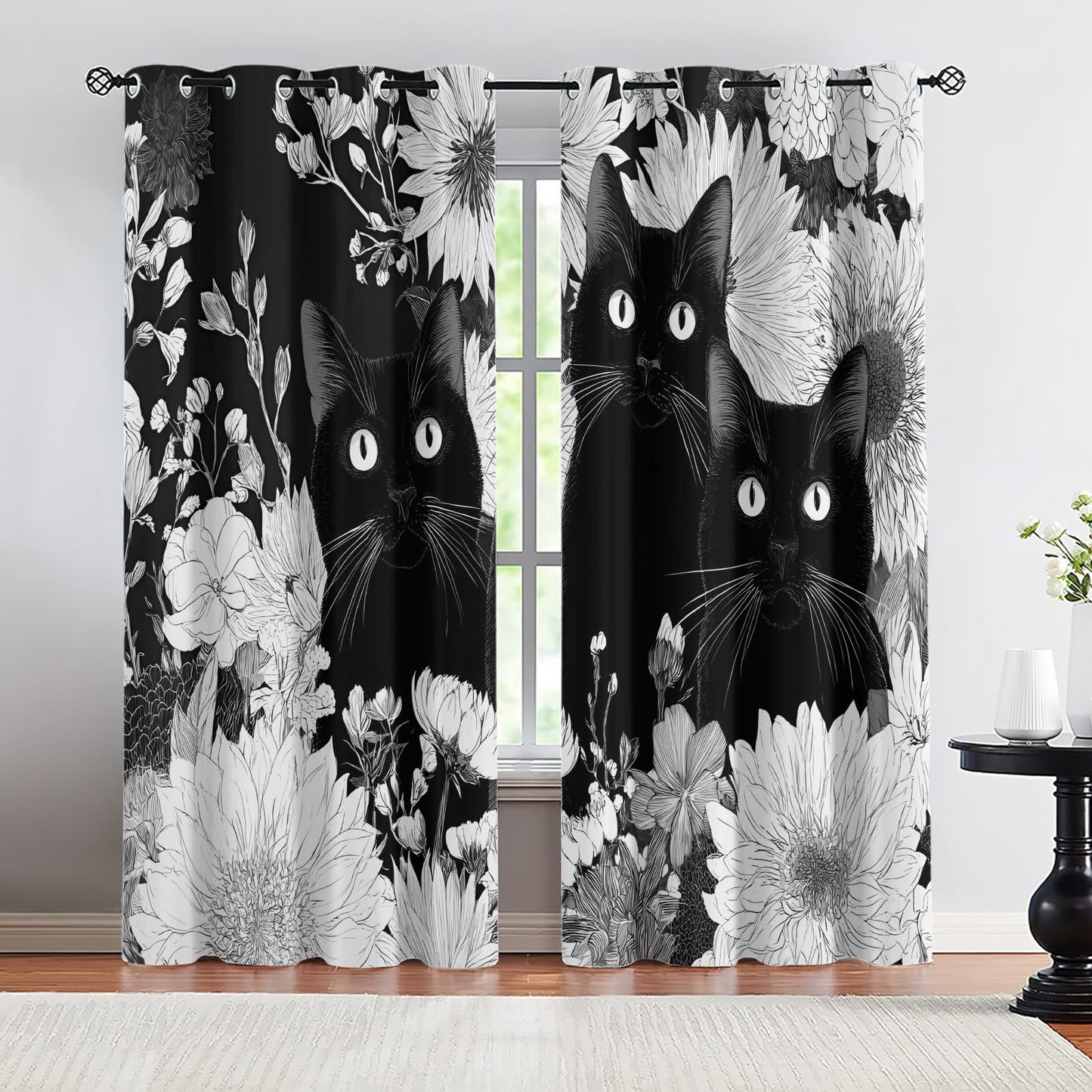 XAFIAUR Cat Blackout Curtains Black Cat Print Curtain, Cute Animal Drapes for Kids Bedroom Play Room 2 Panels Darkening Grommets Window Treatment 36" W x 72" L x2
