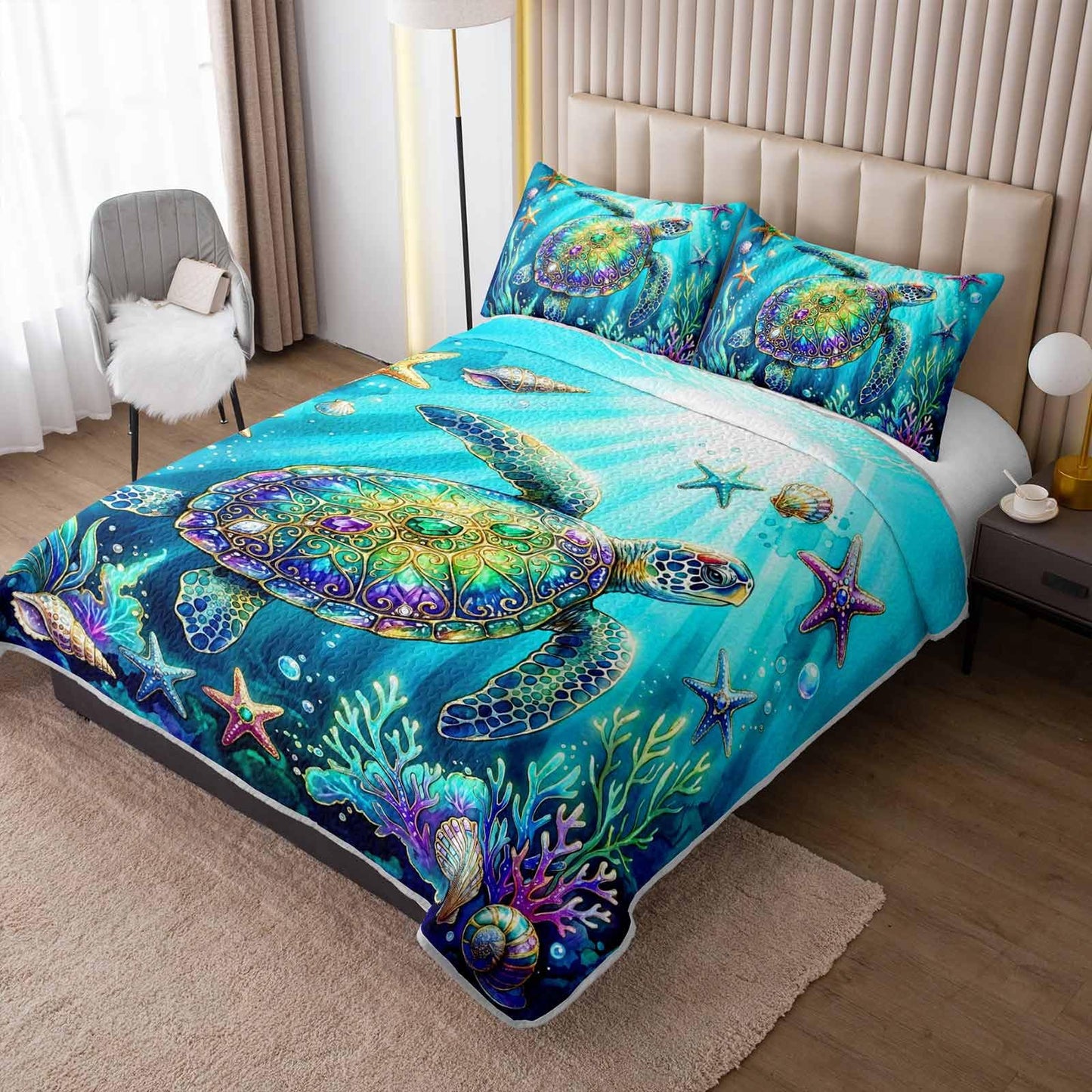 UEVBF Teal Ocean Theme Quilts Set King Size,3Pcs Sea Turtle Coral Shell Bedspread for Kids Adults Girls Boys Room Decor,Soft Lightweight Bedding Sets with 2 Pillowcases.
