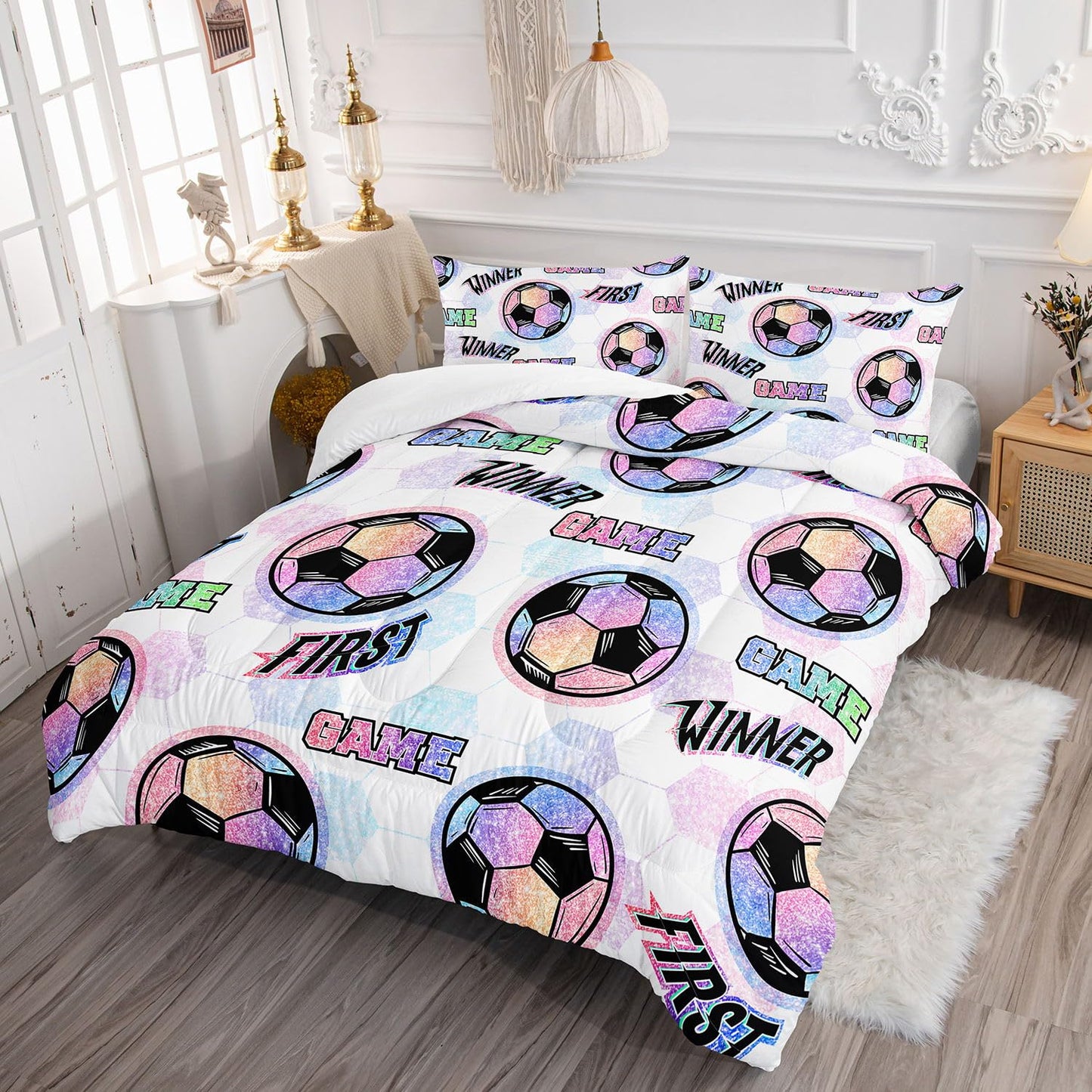 Smell Sunshine Soccer Comforter Set Sport Themed Printed Bedding Set with 1 Comforter and 2 Pillowcases for Boys and Girls Bedroom All Season(Soccer Twin)