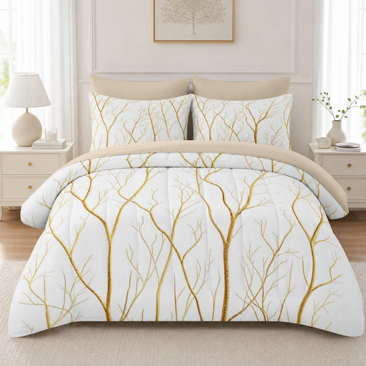 Boewywh Comforter Set Twin Size Gold Tree Forest 7 Pcs, Bedding for Kids and Adults, Bed Sheet Sets with Fitted Sheet 2 Pillowcases & 2 Shams for Bedroom Bed Decor