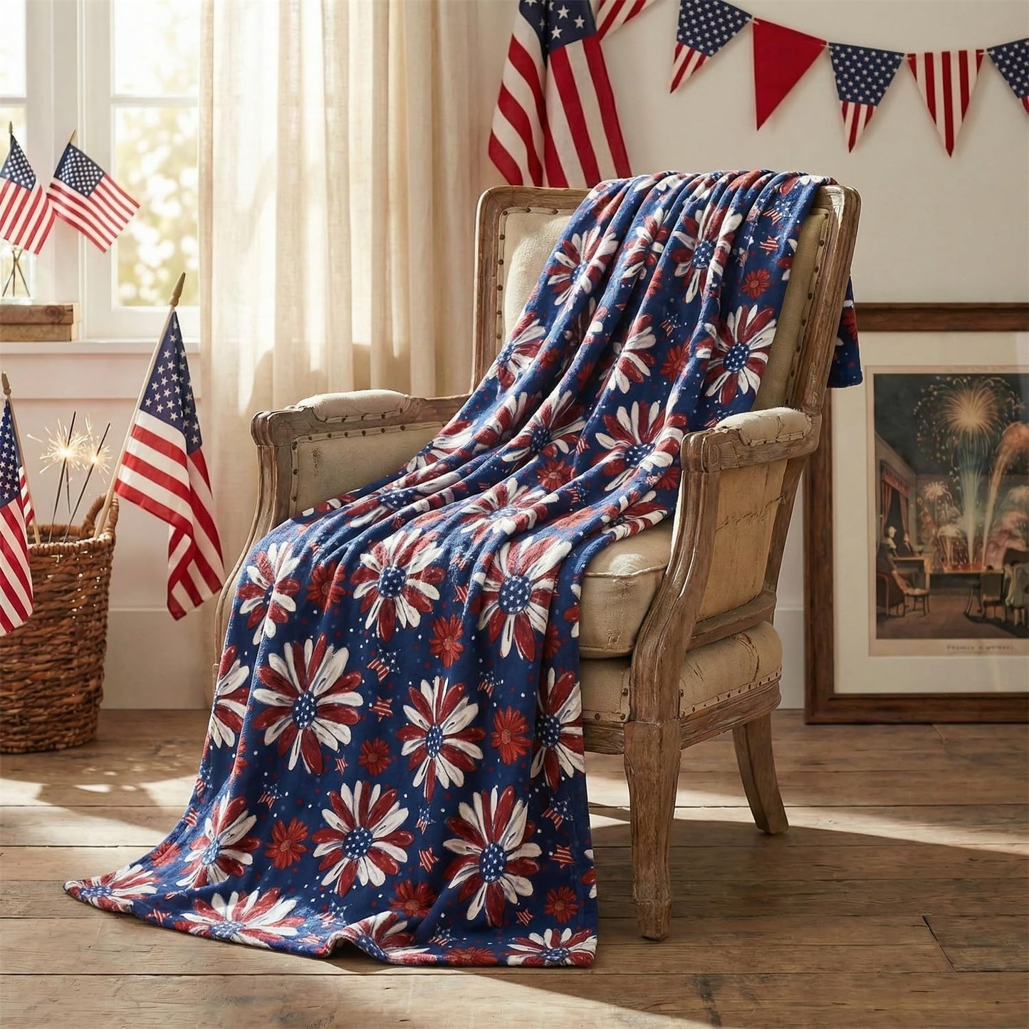 Horaldaily 4th of July Flannel Blanket Throw, Patriotic Memorial Day Print Flowers Independence Day Soft Fuzzy Plush Cozy Fleece Blankets for Couch Sofa Bed Decor, Ideal Gifts for Kids Adults 50x60