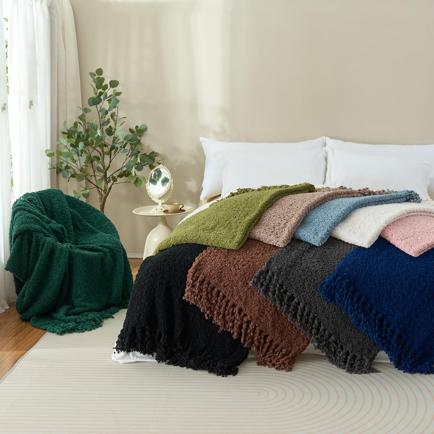 LONG CREATE Throw Blanket for Couch, Taupe Tan Luxury Knitted Throws 50"x60", Textured Blankets with Handmade Fringe Tassels for Bed Sofa Decorative, Chunky Soft Farmhouse Boho Home Decor