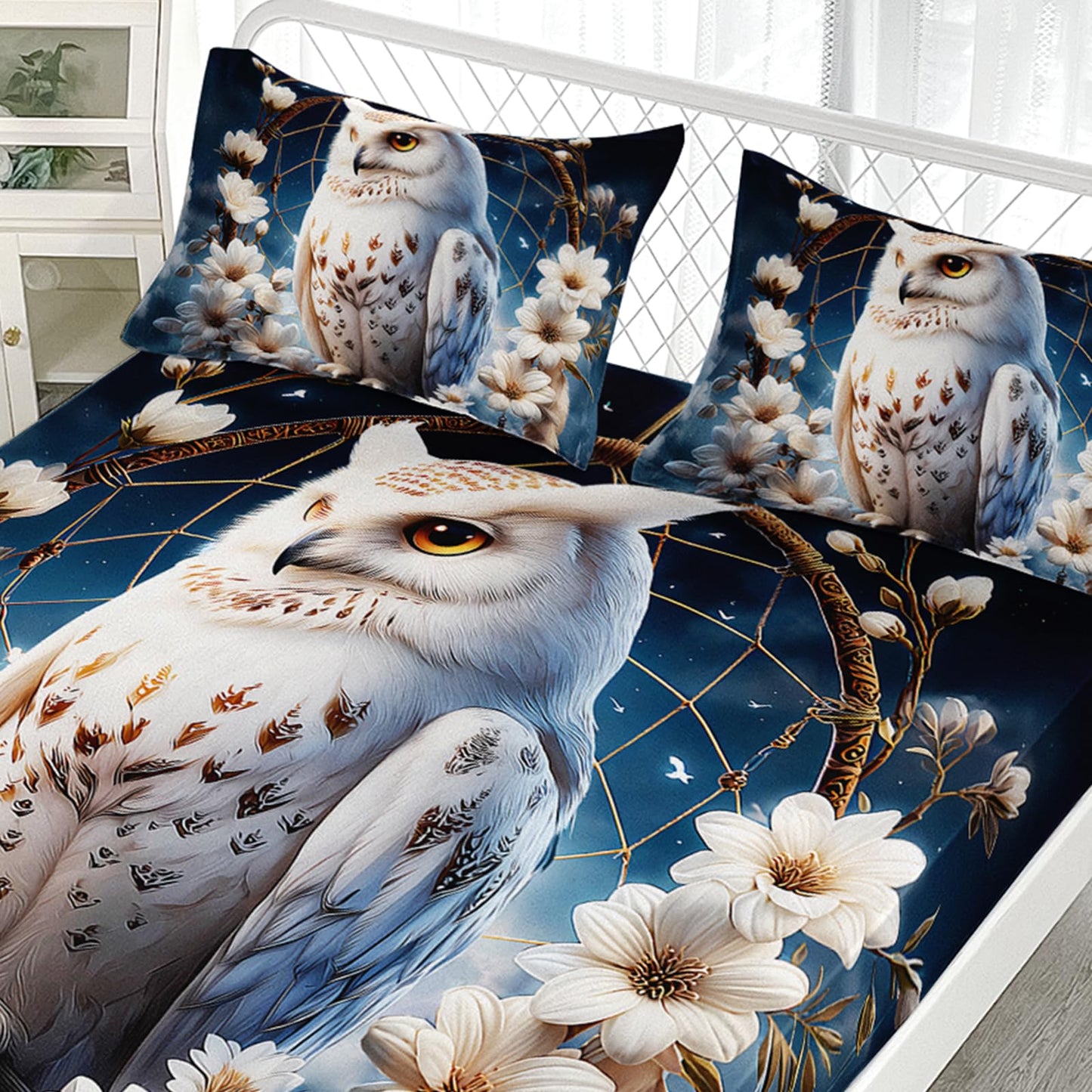 AILONEN White Owl Dreamcatcher Bed Sheets Set, Queen Size,Boho Floral Feathers Bedding Sets for Kids Teens Adults,Bohemian Style Animal Fitted Sheet Set with 2 Pillowcase