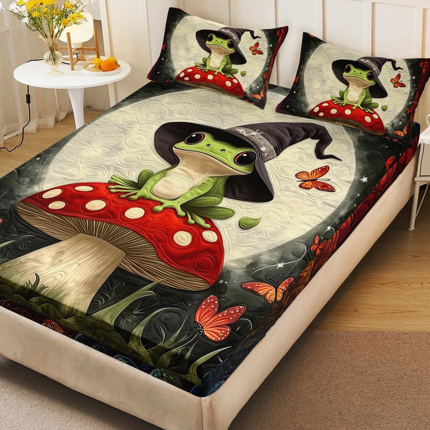 HOSIMA Frog Fitted Sheet Full,Frog Wearing Witch Hat Sitting on Mushroom,Butterfly Pattern Aesthetic Cute Bedding for Kids Boys Girls Halloween Room Decor,1 Fitted Sheet+2 Pillowcases.
