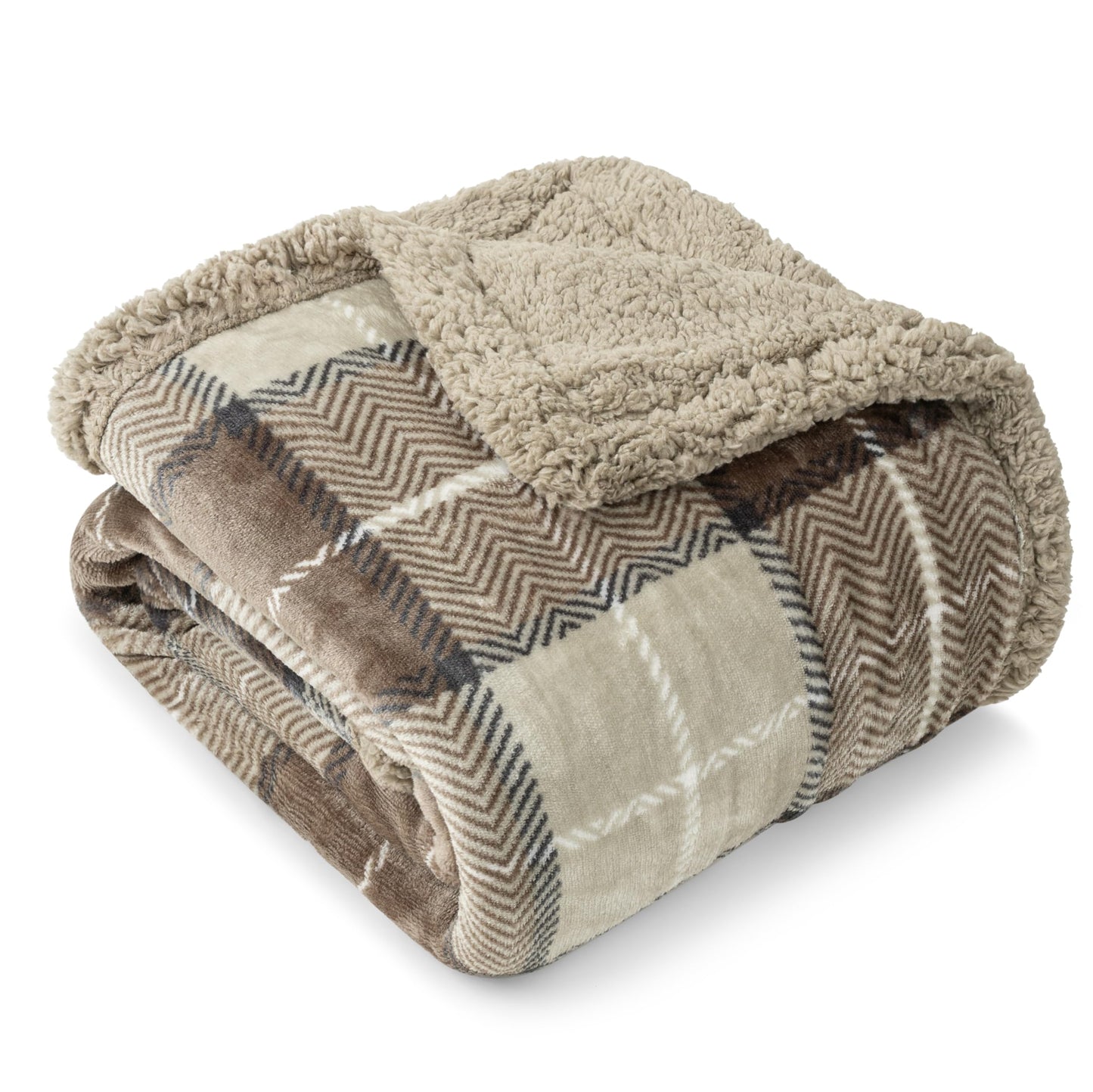 Pavilia Taupe Plaid Sherpa Throw Blanket - Plus Plush Flannel Fleece Blanket - Warm Cabin Sofa Bed Winter Throws 50x60