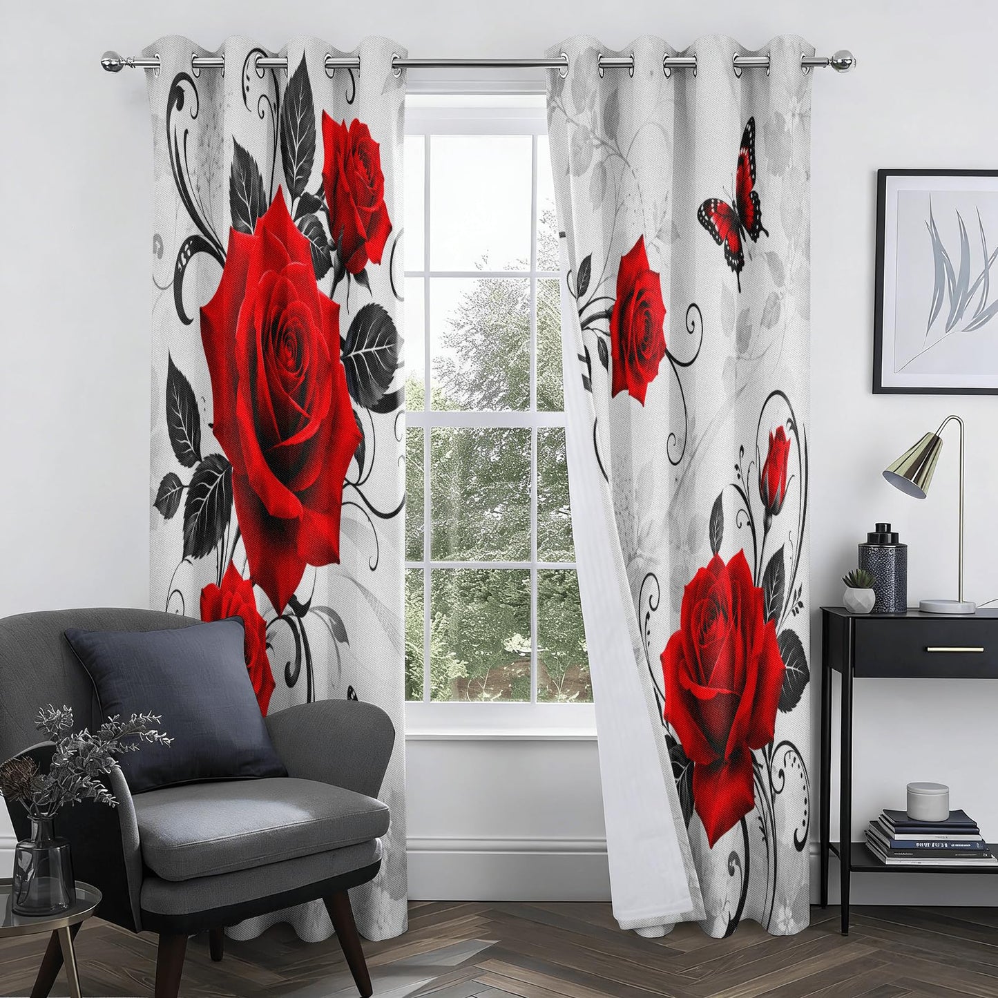 Blackout Curtains Grommet Top 2 Panels, 29.5"W x 45"L, Vintage Red Rose Black Vine Butterfly Window Drapes, Thermal Insulated Room Darkening Gothic Curtains for Living Room Bedroom Dining Room