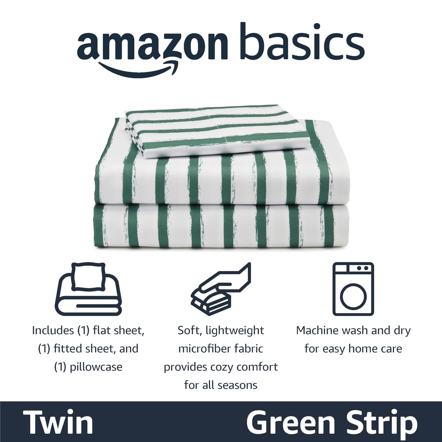 Amazon Basics Kid's Soft Easy-Wash Lightweight Microfiber 3-Piece Sheet Set with 1 Standard Pillowcase, 1 Flat Sheet, 1 Fitted Sheet, Twin, Green Stripes