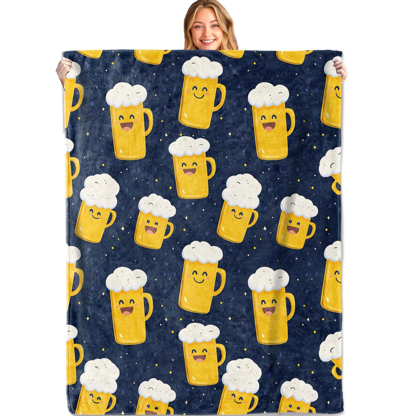 MIEPOS Cheerful Beer Mug Throw Blanket,50x60in,Soft,Lightweight Flannel,Cartoon Smiling Beers Blankets - Gifts for Women Men,for Couch Office Travel,Home Living Room Fun Decor