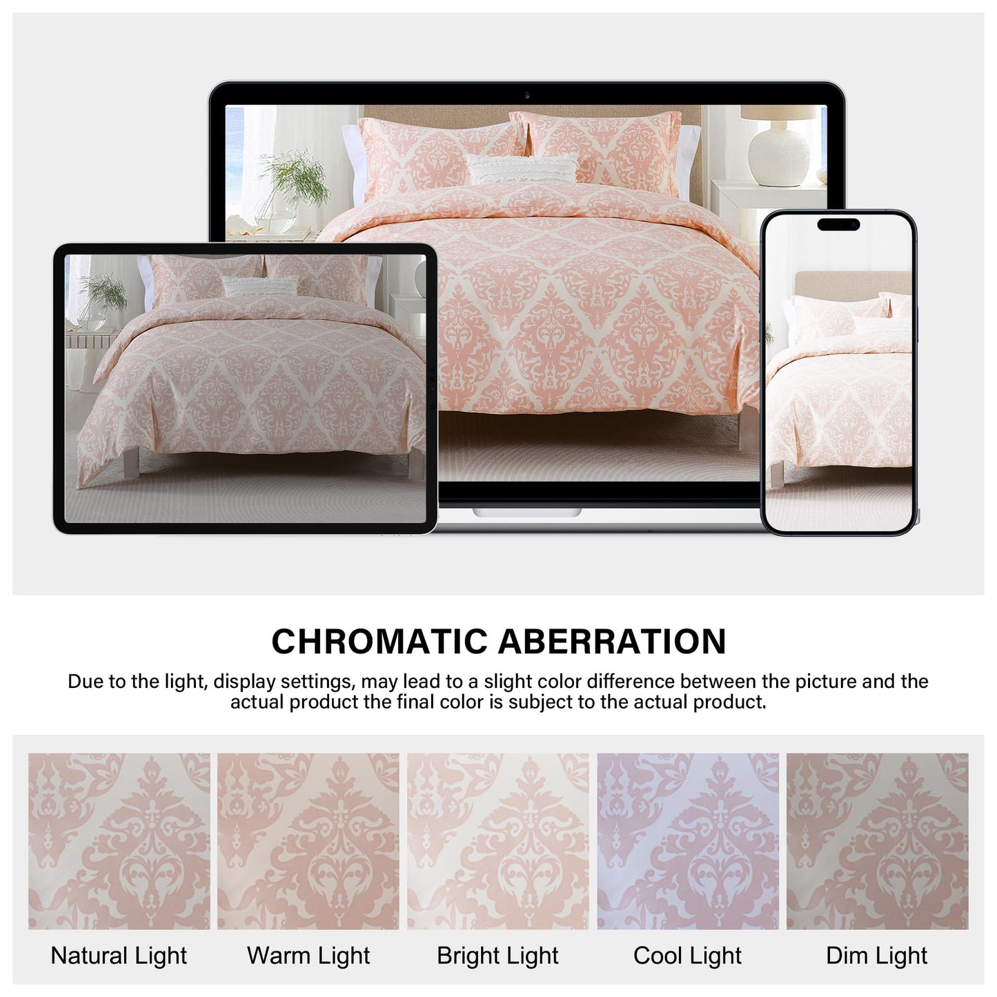 VOOVY Duvet Cover King - 100% Cotton Duvet Cover King Size, 3 Pieces Damask Medallion Super Soft Breathable Bedding Covers Set for All Season, (Pink, 104"x90", No Comforter)