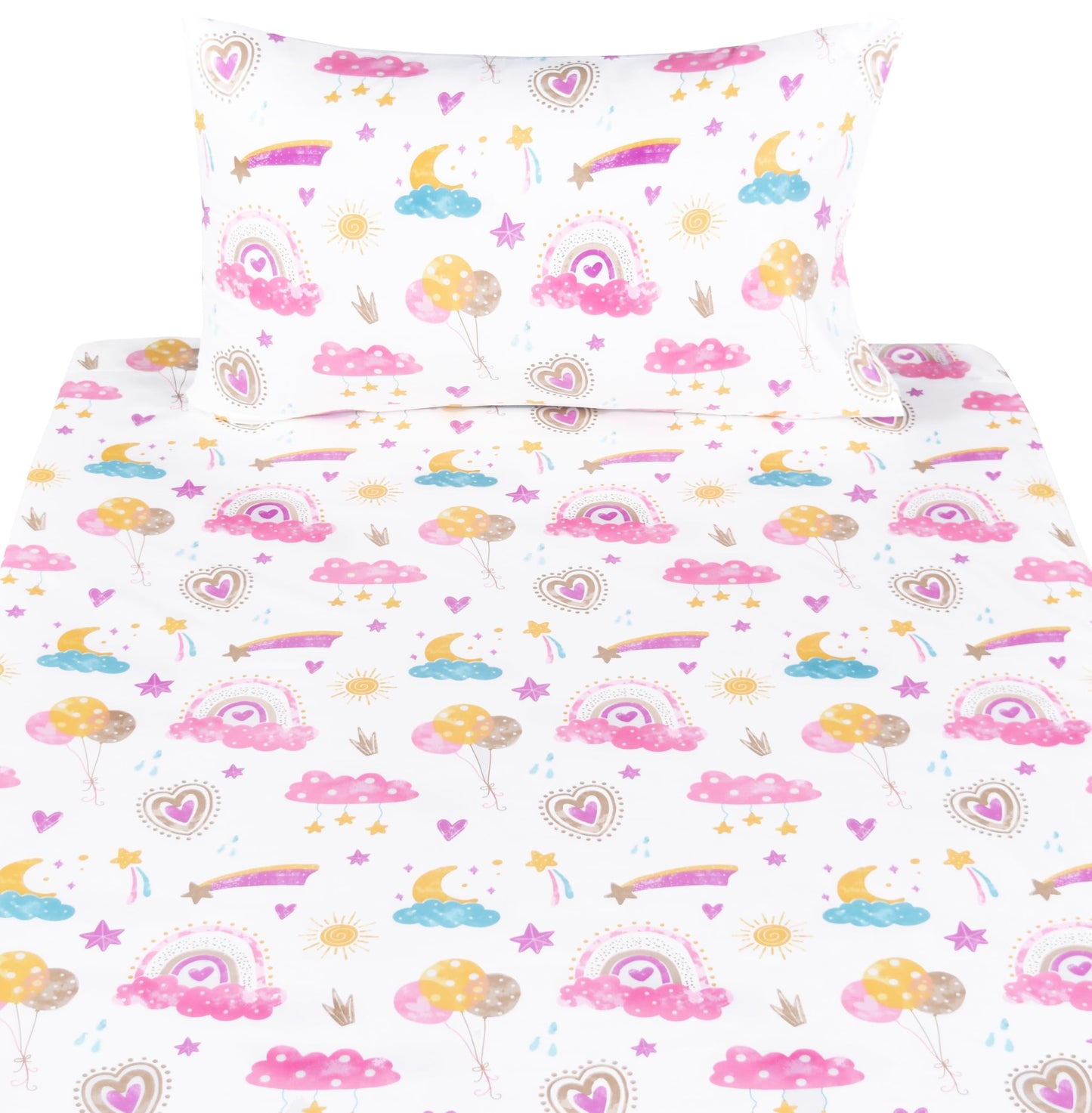 Scientific Sleep Pink Cloud Heart Rainbow Balloon Moon Star Cute Fun 100% Cotton Cozy Twin Bed Sheet Set, Flat Sheet & Fitted Sheet & Pillowcase Natural Bedding Set