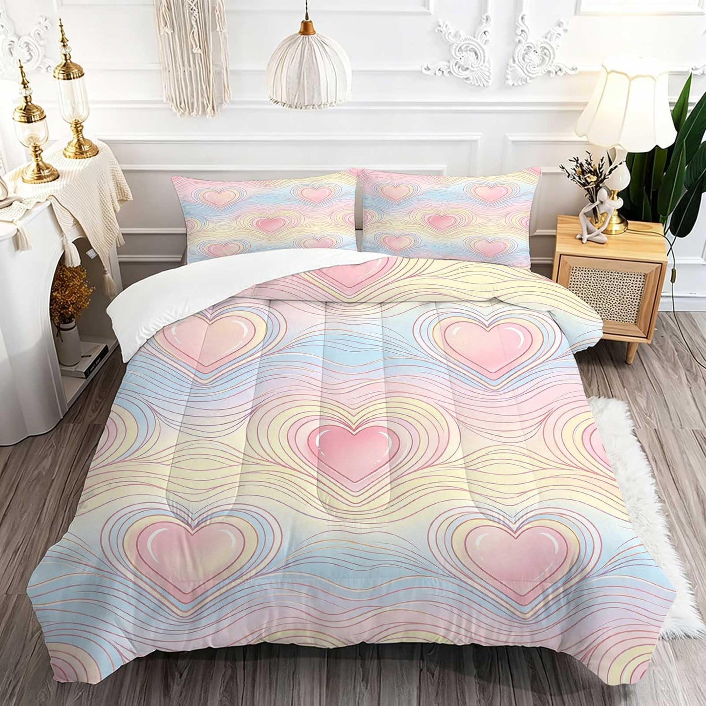 DJNEAR Pastel Heart Comforter Set, Soft Microfiber Cute Pink Heart Bedding Set for Girls Teens Women, 2 Pieces All Season Ombre Love Wave with 1 Comforter 1 Pillowcase, Twin Size