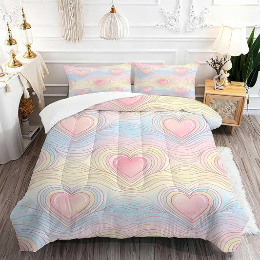DJNEAR Pastel Heart Comforter Set, Soft Microfiber Cute Pink Heart Bedding Set for Girls Teens Women, 2 Pieces All Season Ombre Love Wave with 1 Comforter 1 Pillowcase, Twin Size