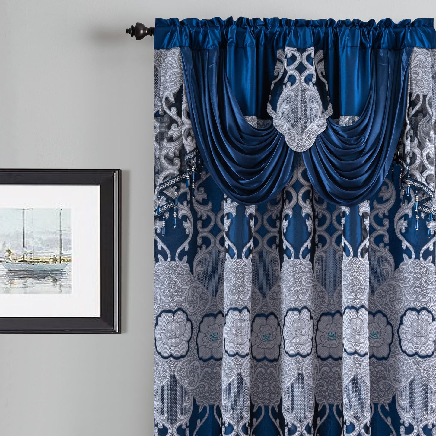 Petrichor Navy Sheer Jacquard Voile Curtains （54" W x 84" L）, 2 Panels with Attached Valance, Double Layer Floral Cutwork Design with Luxurious Texture, Rod Pocket, for Bedroom & Living Room