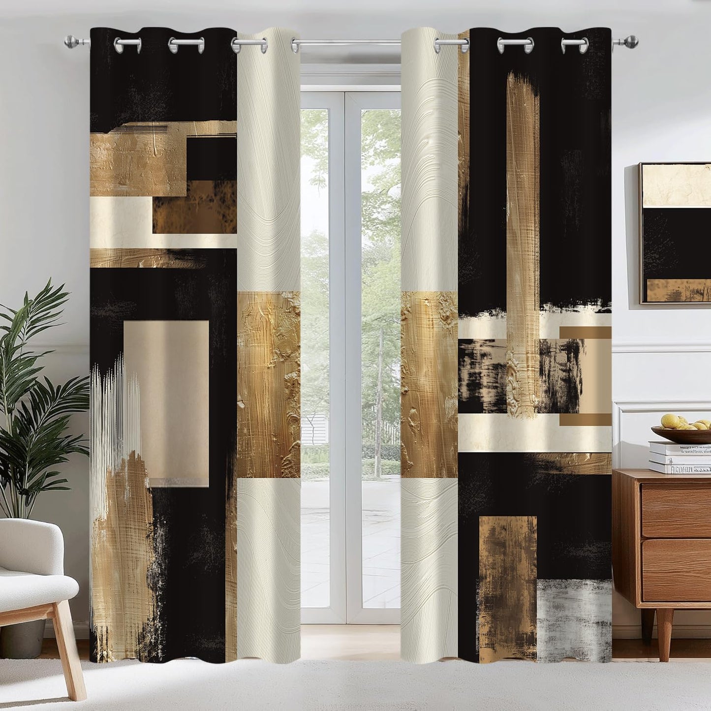 Moyrisou Boho Black Gold Abstract Blackout Curtains, Modern Oil Aesthetic Neutral Contemporary Beige Darkening Thermal Insulated Grommet Light Blocking Drape Decor, 52 x 84 Inch Long 2 Panels