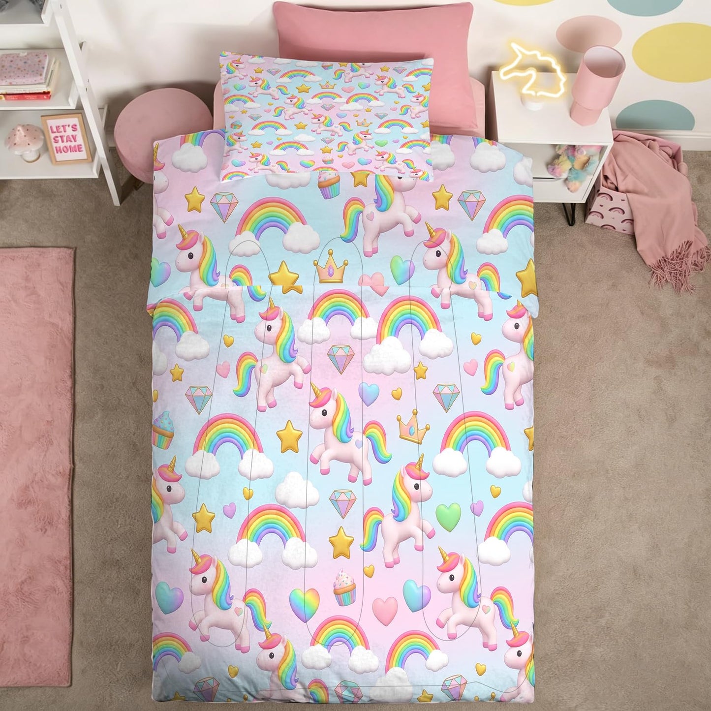 DJNEAR Kids Twin Comforter Sets for Girls, Cute Rainbow Unicorn Printed Kids Bedding Set, Cartoon Fantasy Room Decor for Girls, Lightweight Breathable All Season 1 Comforter 1 Pillowcase