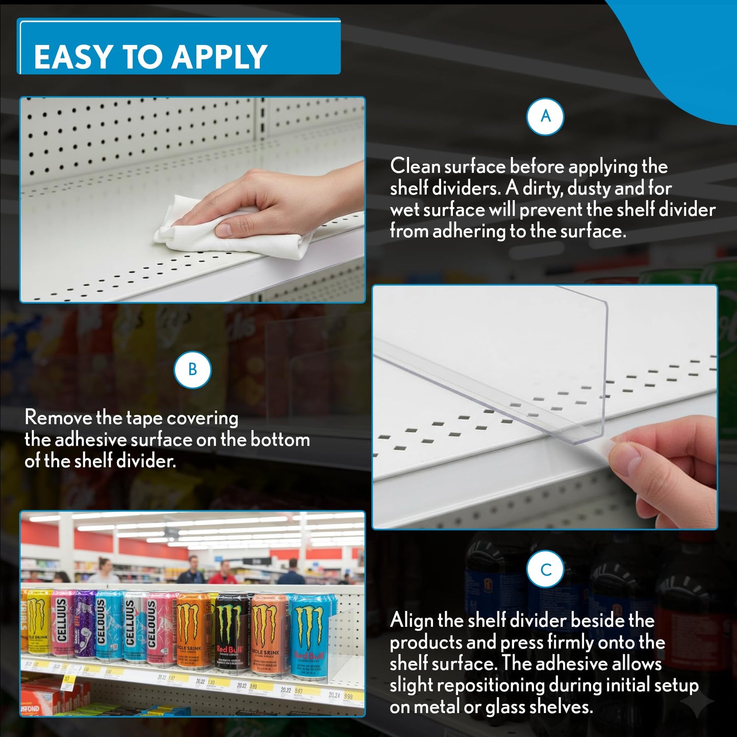 Shelf Dividers, 50 Pack, Self Adhesive, 3” H x 9.5” L Shelf Separators for Retail Shelving, Pantry & Closet Organization, Easy Stick 20 Mil Clear PVC, Product Display Dividers, Clip Strip Corp