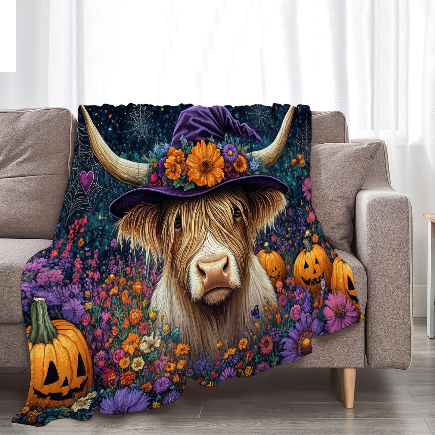 Tijuboni Halloween Highland Cow Pumpkin Throw Blanket for Girls Boys Women Men Kids Adults Soft Flannel Fleece Blanket for Couch Sofa Bed Home Decor 40"x50"
