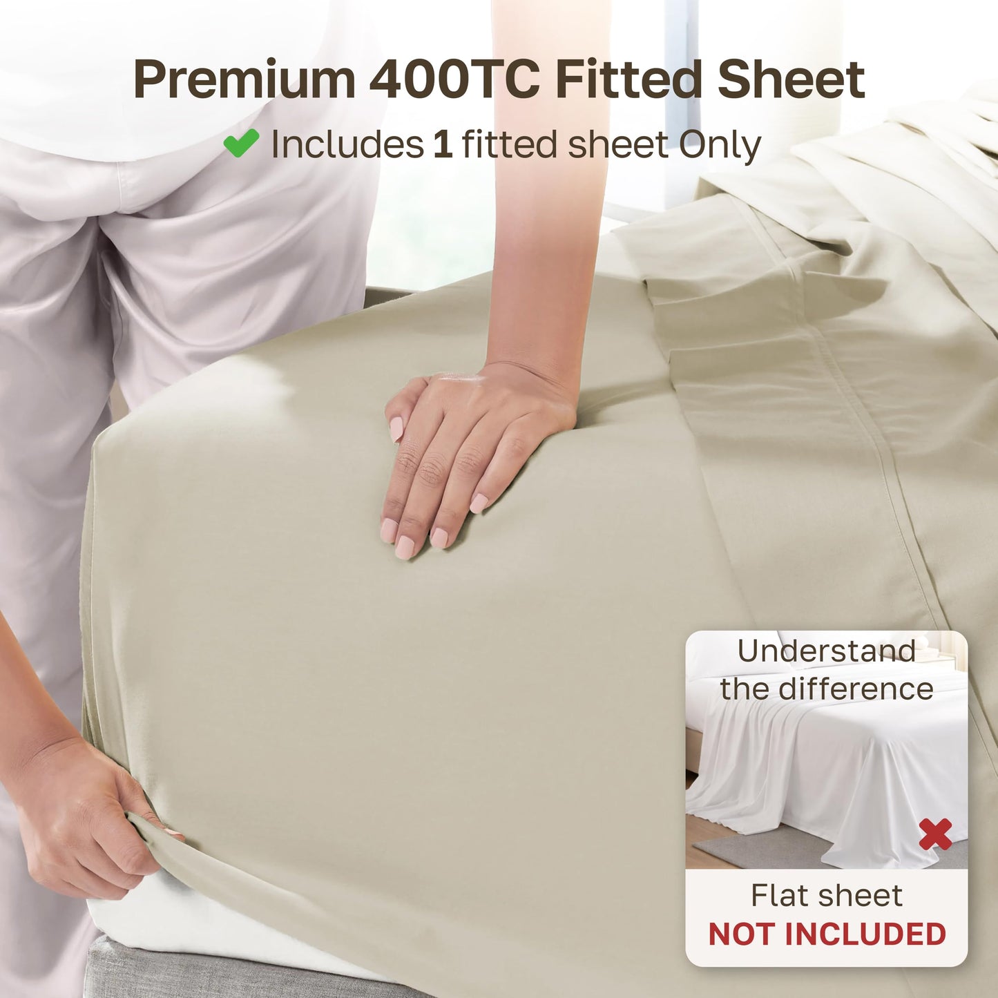 California Design Den Deep Pocket King Fitted Sheet Only, Soft 400 Thread Count Sateen, 100% Cotton King Size Fitted Sheets, No Pop-Off Elastic, 1 Piece Fitted Sheet King Size - Beige