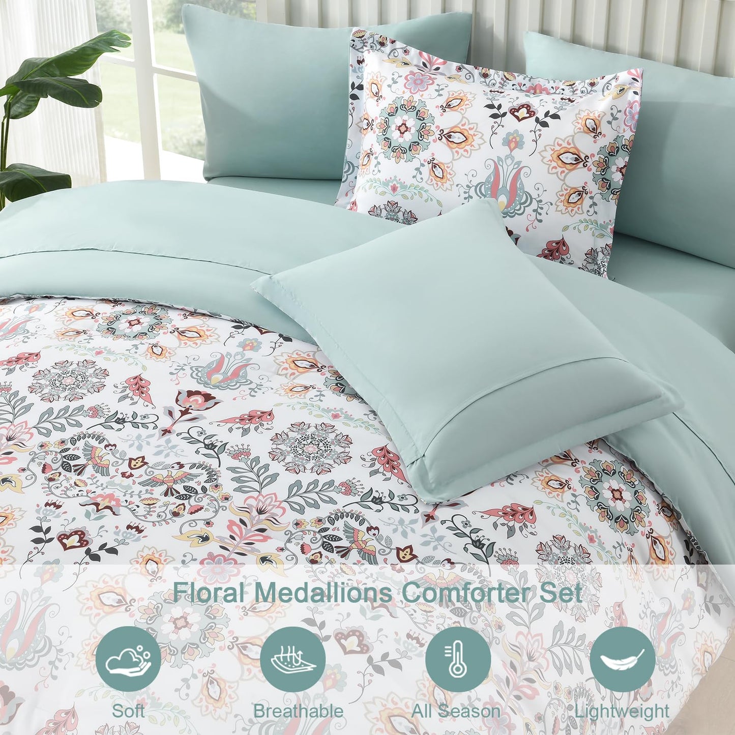 Boho Comforter Set Queen - 7 Pieces Bed in a Bag Floral Design, Bohemian Comforter Set with Sheets, Soft Microfiber Complete Bedding Sets All Season (Light Green, Queen)