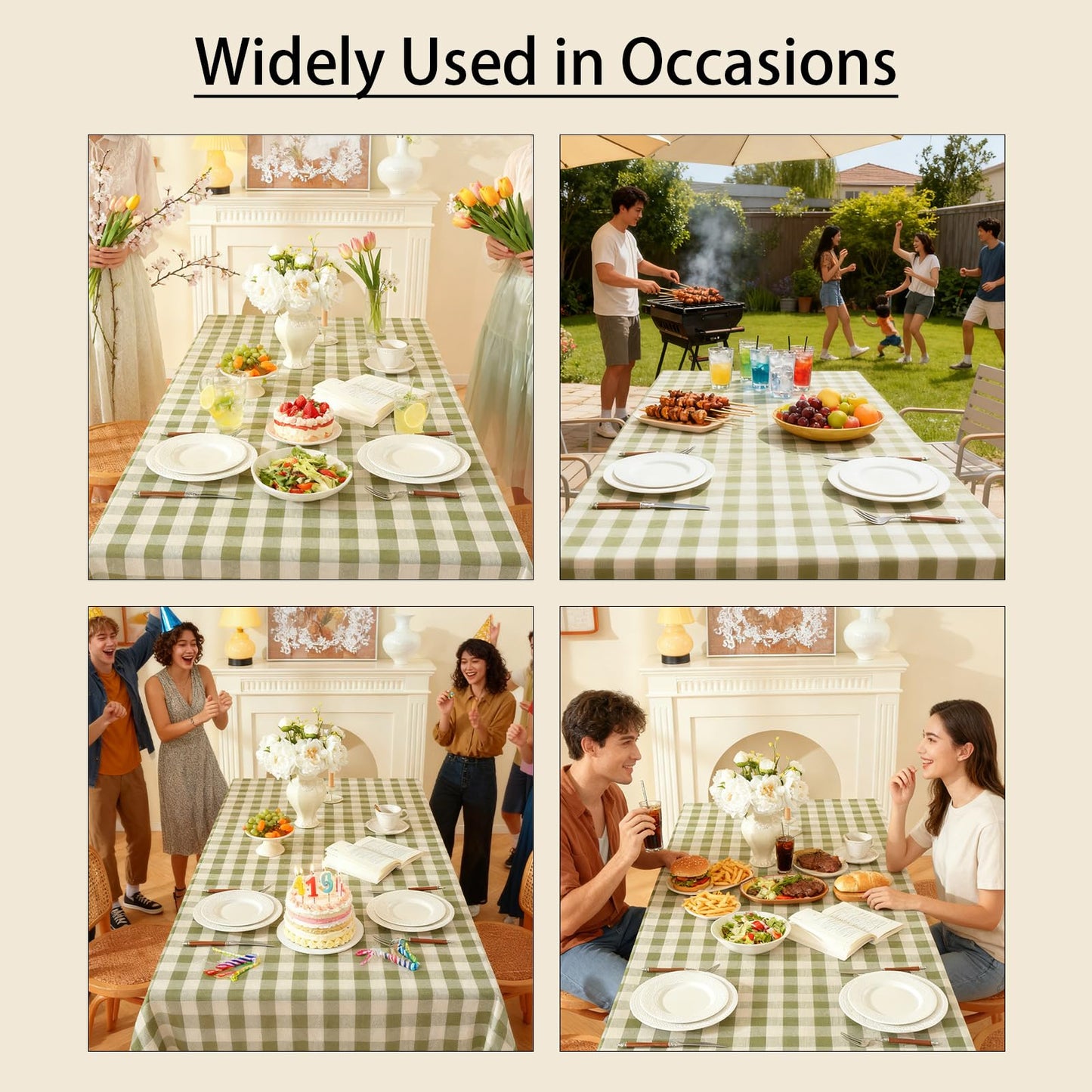 gillhov Gingham Tablecloth Rectangle Checkered Table Cloth Cotton Linen Fabric Wrinkle Free Washable Buffalo Plaid Table Cover for Kitchen Dining Picnic Camping, Green and White, 55 * 55 inch