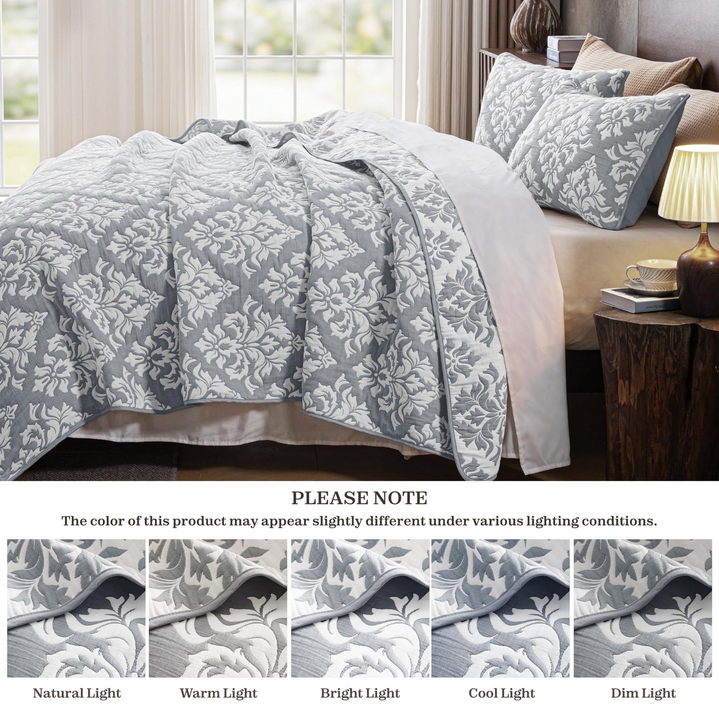 Exclusivo Mezcla Cotton Quilts King Size Grey, Soft Lightweight Bedspread Breathable Prewashed Bed Coverlet with 2 Pillow Shams, Boho Pattern Yarn Dyed Muslin Quilt Bedding Set for All Seasons