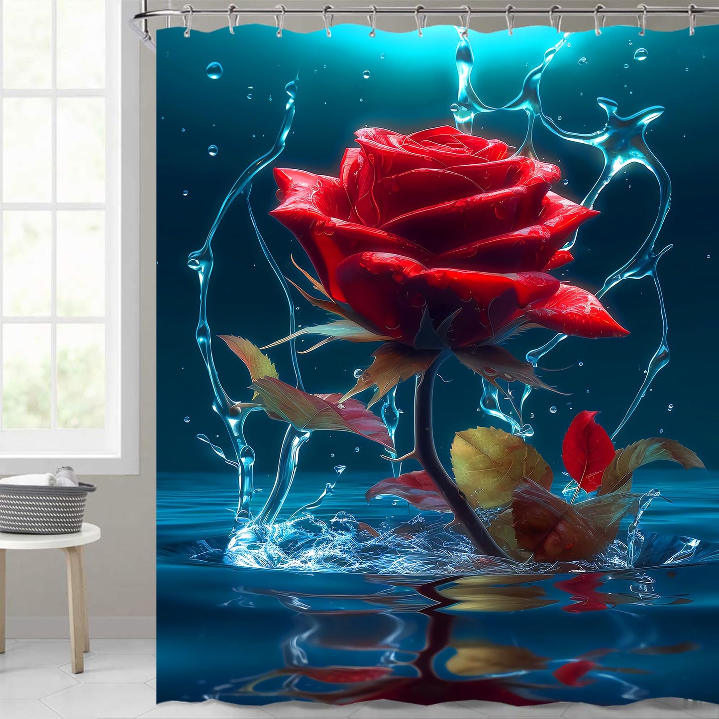 Jirown Red Rose Shower Curtain Sets 4 Pcs,Non-SlipRugs Bath Mat Toilet Cover U Shaped Mat Black Red Shower Curtain with 12 Hooks,Durable Bathroom Decor Set