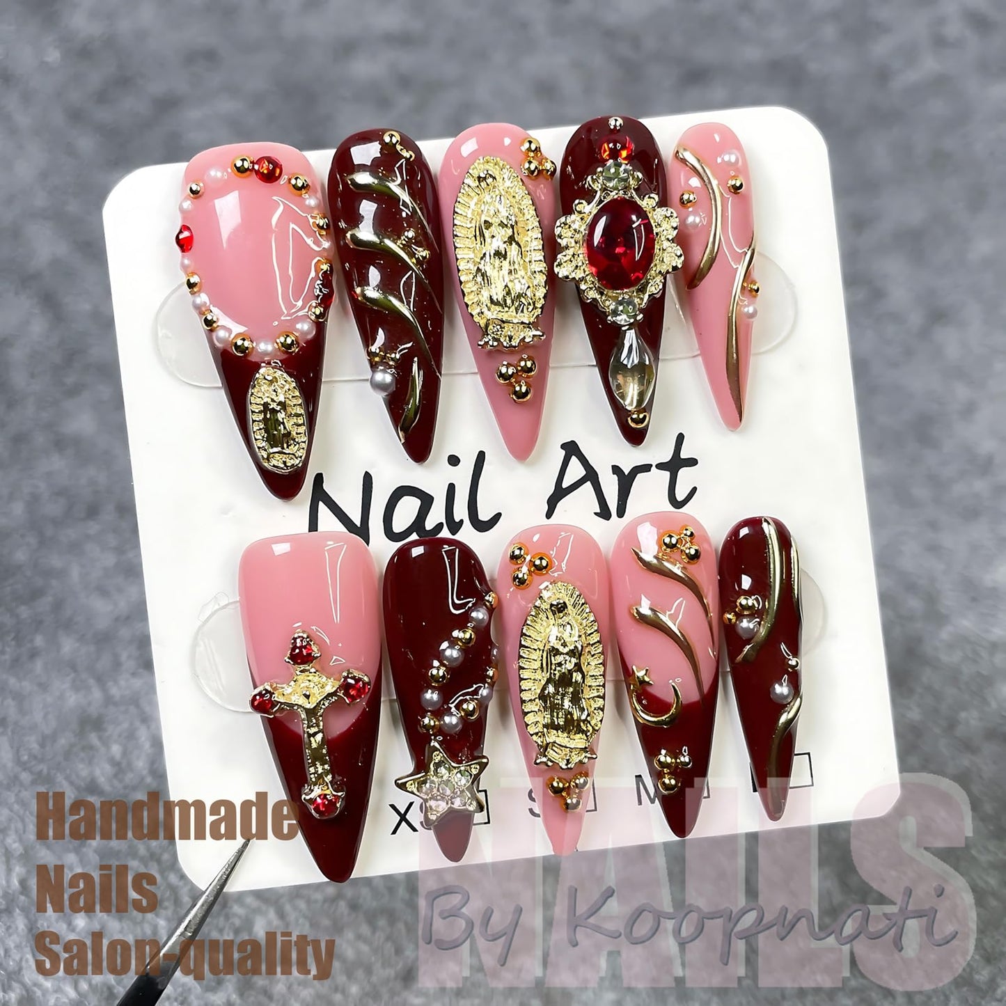 Handmade Press On Nails Almond Gold Homemade Press On Nails French Tip With 3D Design Fake Nail Art For Women M