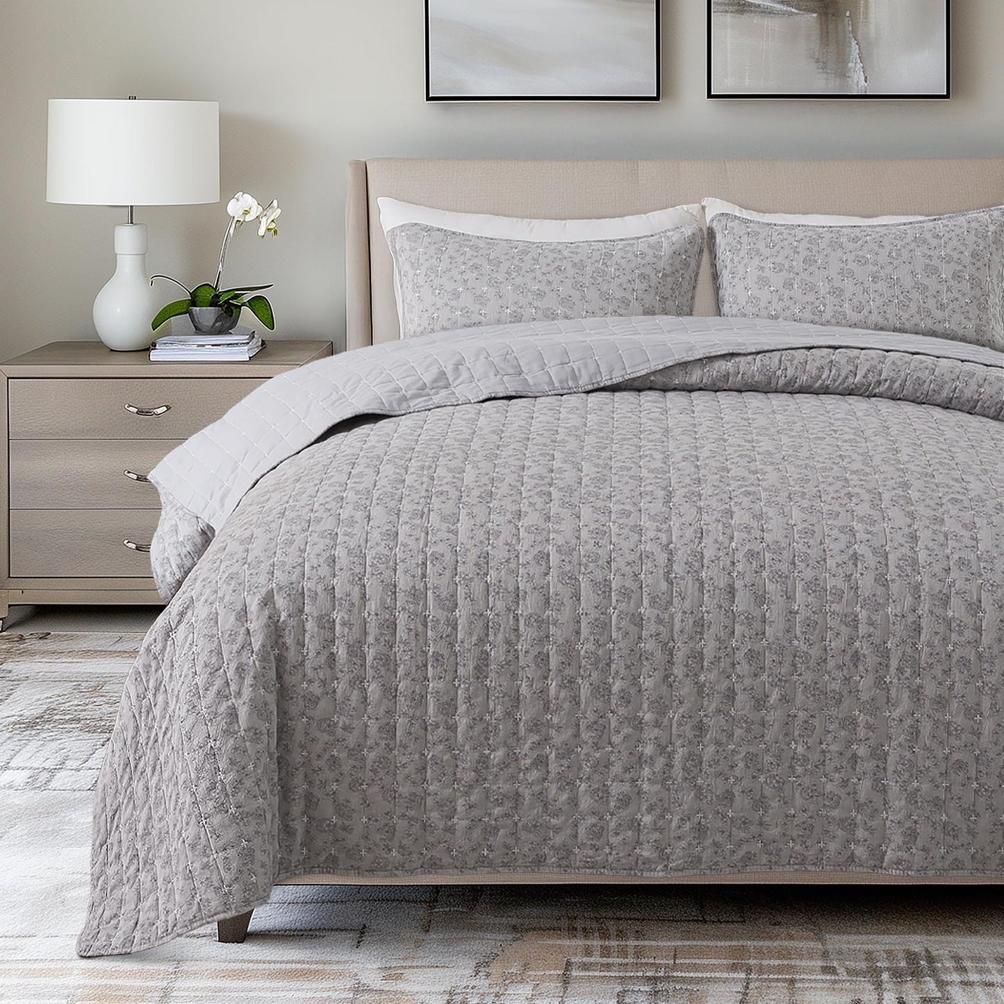 Soul & Lane - Gray Cotton Quilt Set, Floral Bedding, King with 2 Shams