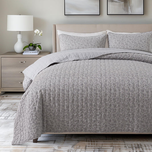 Soul & Lane - Gray Cotton Quilt Set, Floral Bedding, King with 2 Shams