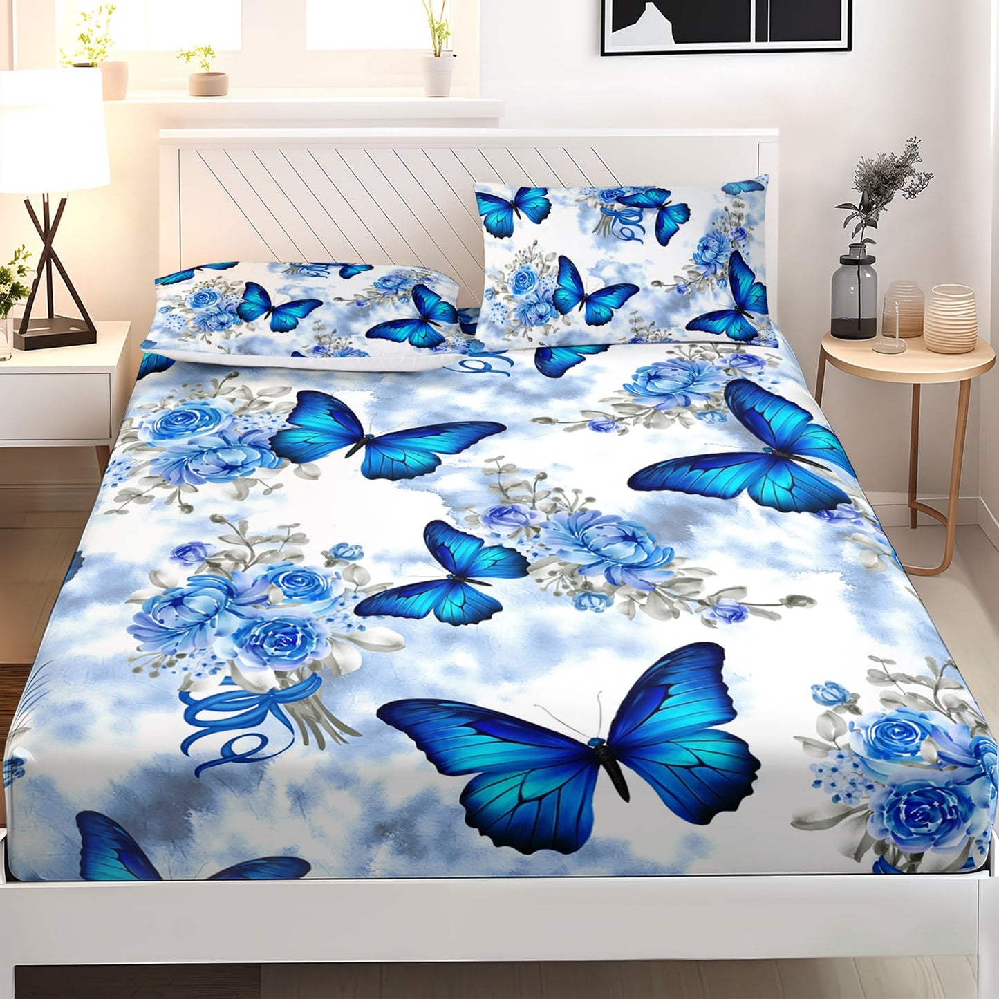AILONEN Blue Butterfly Fitted Sheet Set for Girls, Twin Size Tie Dye Floral Butterfly Bed Sheet Set,Soft Microfiber Kids Women 3-Piece Breathable Fitted Sheet with 2 Pillowcases
