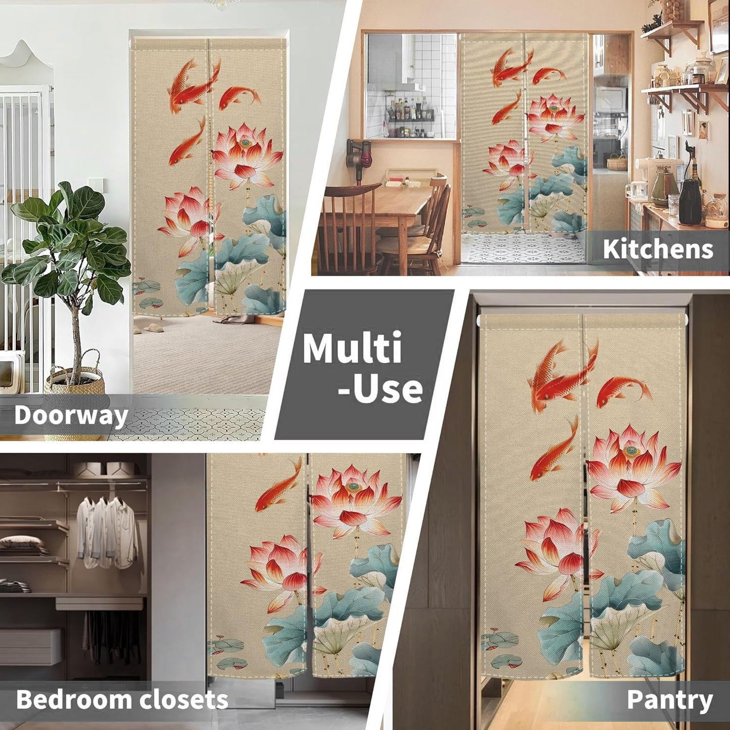 Leowefowa Long Chinese Ink Painting Doorway Curtain Japanese Noren Lotus Kio Fish Door Curtains Tapestry Feng Shui Window Treatment Hanging Room Privacy Divider Kitchen Home Asian Decor, 33.5"x 70.9"