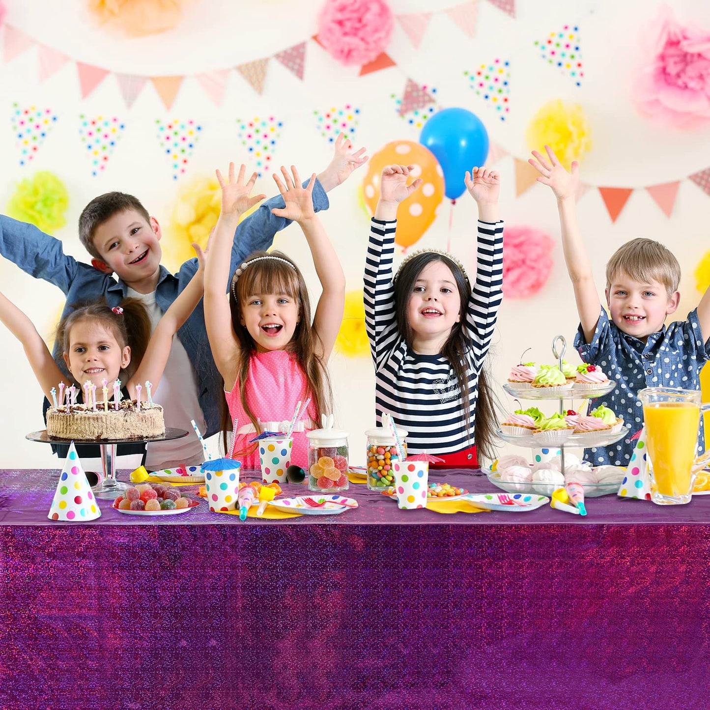 4 Pack Iridescence Plastic Tablecloths Shiny Disposable Laser Rectangle Table Covers Holographic Foil Tablecloth Iridescent Kpop Birthday Bridal Wedding Party Decoration, 54" x 108"(Pink & Purple)