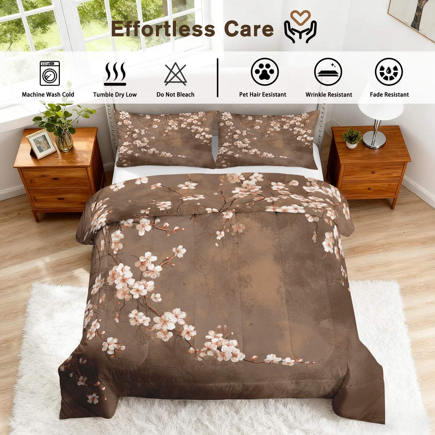 TANCAPRIUM Japanese Cherry Blossom Comforter Set Twin - Floral Bedding Set & 2 Pilow Cases for All Season - Soft Reversible Down Alternative 3 Piece. Flower Bedrom Decor