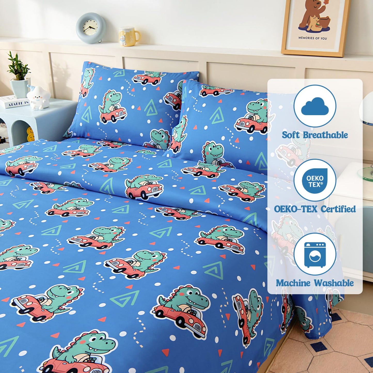 MCO Twin Sheets Set Kids, Soft Microfiber Bed Sheet Set for Boy Girls, 3 Pieces Breathable Twin Sheets Dinosaur Blue