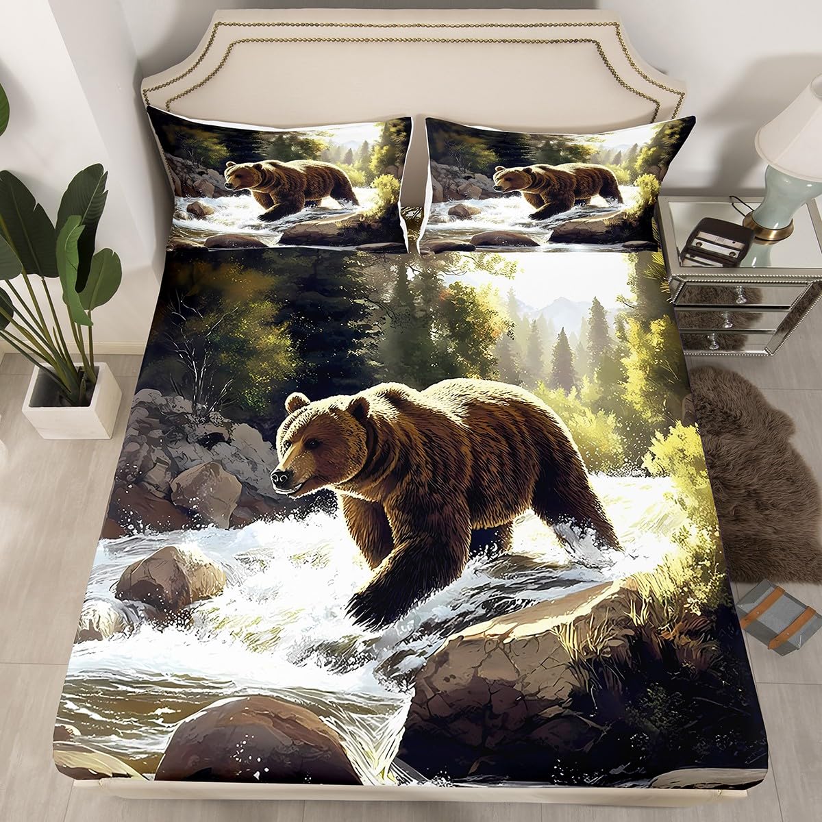 jejeloiu Bear Fitted Sheet with 1 Pillowcase Twin Size Black Bears Bed Sheets Set 16" Deep Pocket Boys Girls Cabin Bedding Countryside Teens Bedroom Decor Breathable Soft Lightweight Microfiber